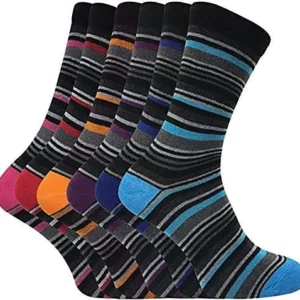 Pack of six striped dress socks with colorful toes and heels
