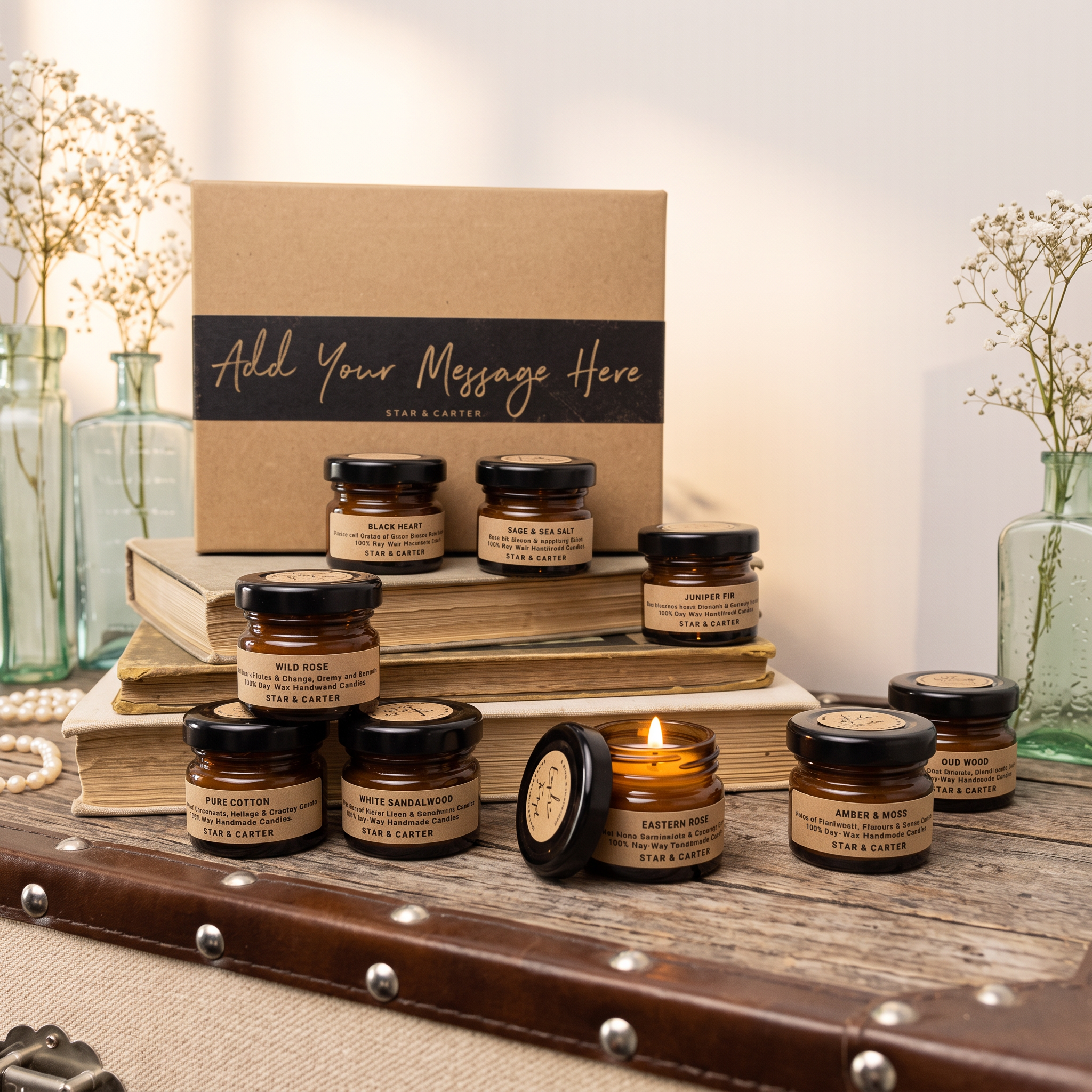 Beeswax luxury 3-piece candle set displayed with vintage books and flowers